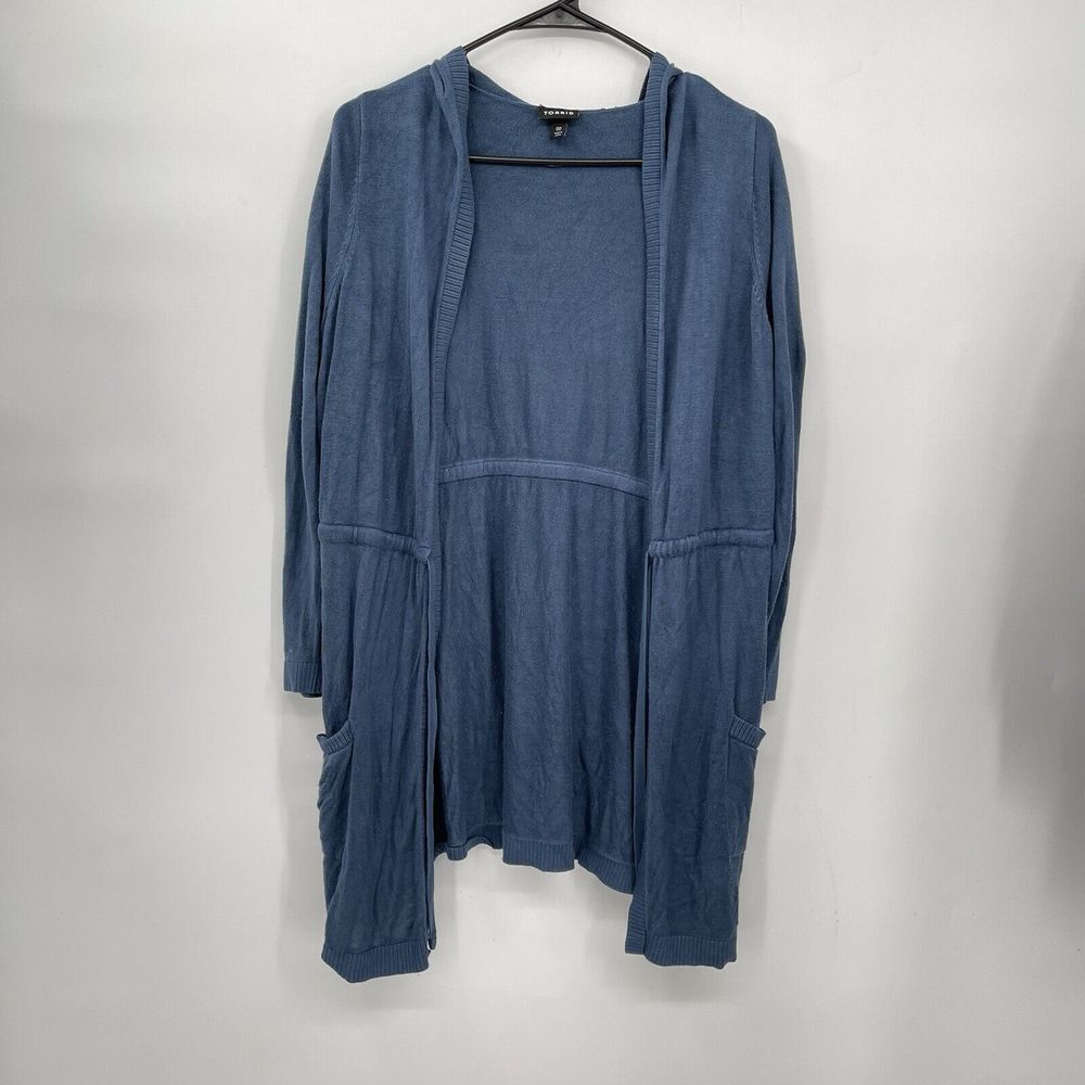 Torrid 00 Hooded Cardigan Womens Blue Drawstring Waist Open Front Pocket Sweater